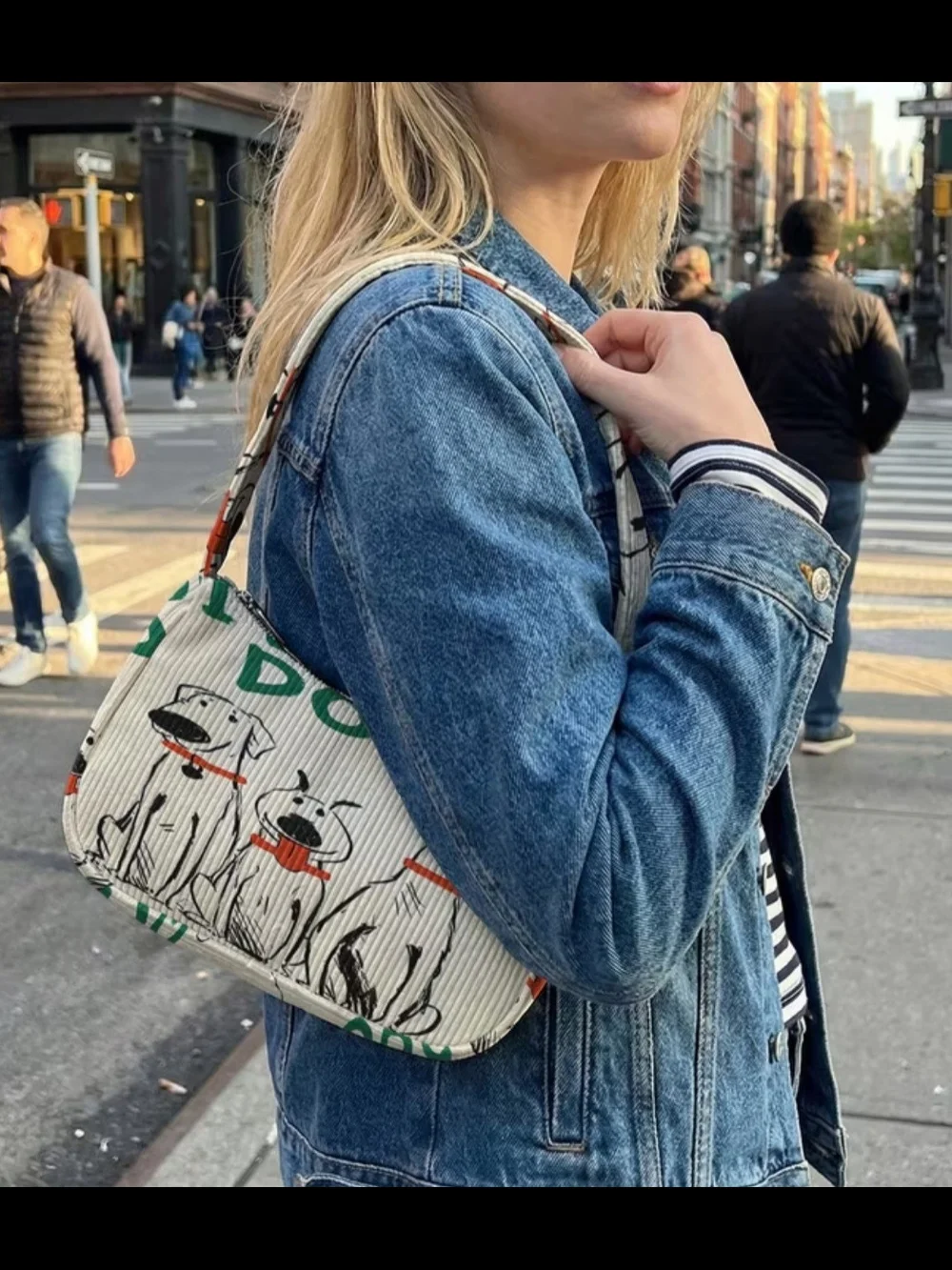 Adorable Cordoury Dog Print Shoulder Bag in Cream
